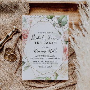 Geometric Gold Floral Bridal Shower Tea Party Invitations