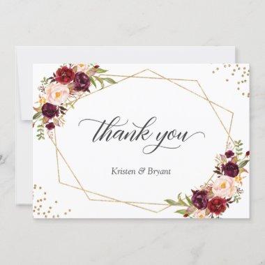 Geometric Gold Frame Burgundy Red Floral Wedding Thank You Invitations