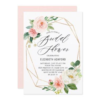 Geometric Gold Frame Pink Florals Bridal Shower Invitations