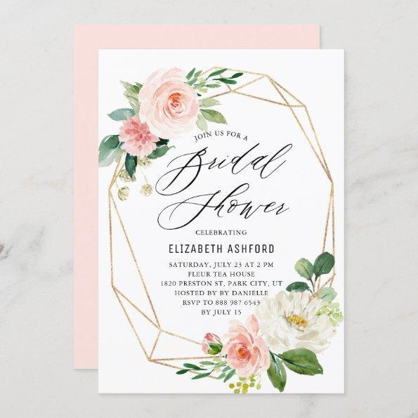 Geometric Gold Frame Pink Florals Bridal Shower Invitations