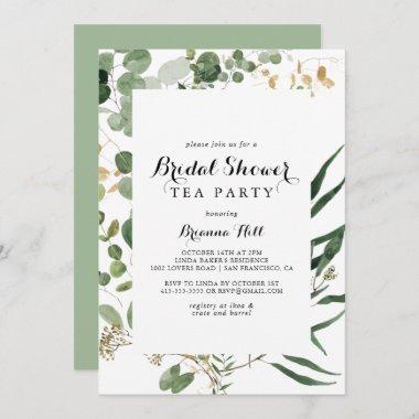 Geometric Gold Green Bridal Shower Tea Party Invitations