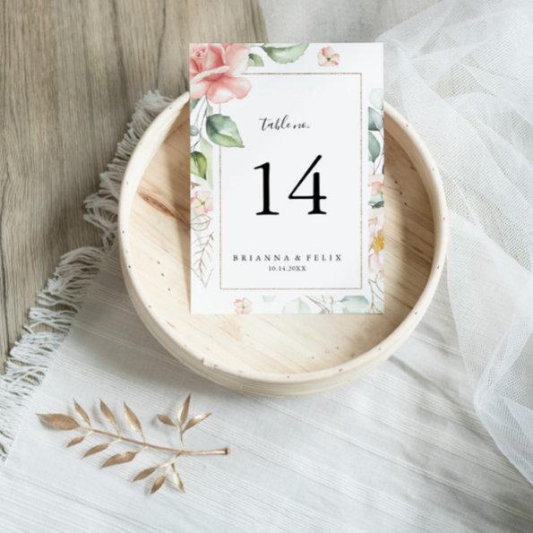 Geometric Gold Green Foliage Floral Wedding Table Number