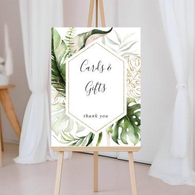 Geometric Gold Tropical Green Invitations and Gifts Sign
