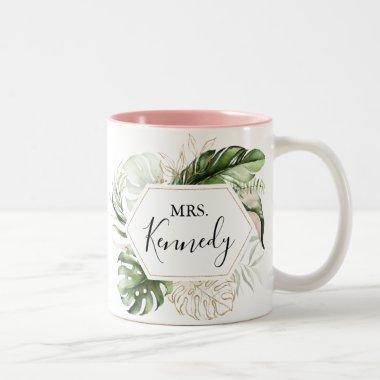 Geometric Gold Tropical Green Mrs Newlywed Bride Two-Tone Coffee Mug