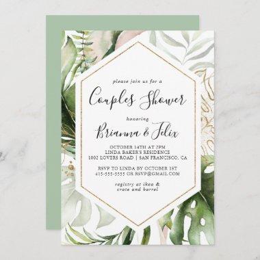 Geometric Gold Tropical Greenery Couples Shower Invitations