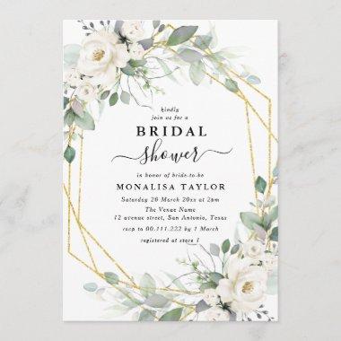 Geometric gold & white floral bridal shower Invitations