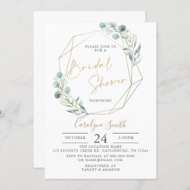 Geometric Greenery Classy Script Bridal Shower Invitations