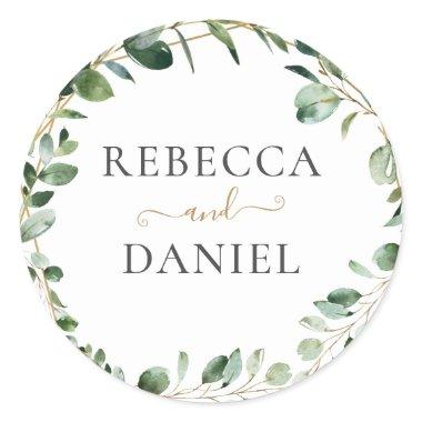 Geometric Greenery Eucalyptus Personalized Wedding Classic Round Sticker