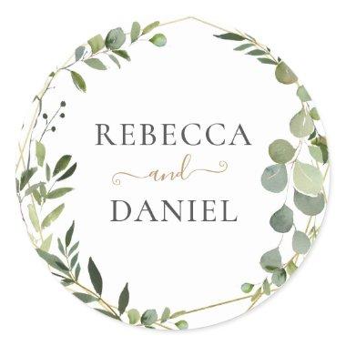Geometric Greenery Personalized Wedding Classic Round Sticker