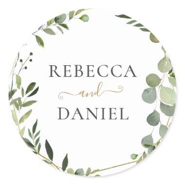 Geometric Greenery Personalized Wedding Classic Round Sticker