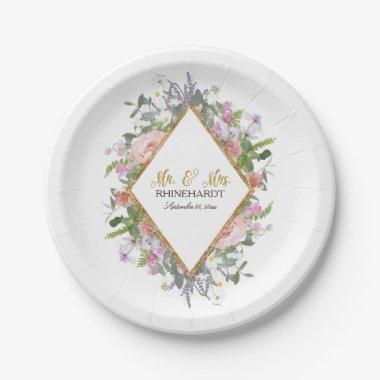 Geometric Modern Floral Bridal Shower Rose Gold Paper Plates