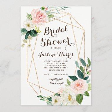 geometric pink flowers Bridal Shower Invitations