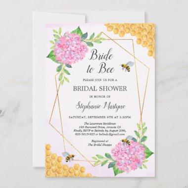 Geometric Pink Hydrangea Honey Bee Bridal Shower Invitations