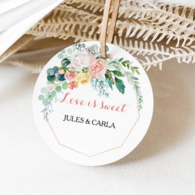 Geometric Pink Spring Floral Love is Sweet Wedding Classic Round Sticker