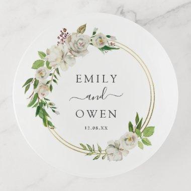 Gilded Blooms Floral Wreath Wedding Monogram Trinket Tray