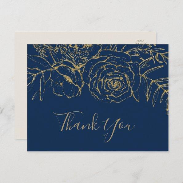 Gilded Floral Navy Blue & Gold Thank You PostInvitations