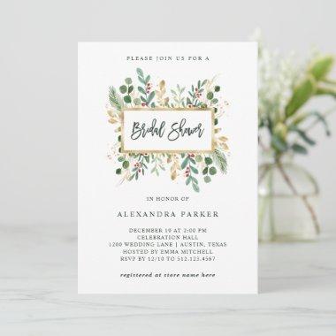 Gilded Greenery on White | Christmas Bridal Shower Invitations