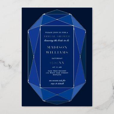 Gilded Modern Sapphire Blue Gem Bridal Shower REAL Foil Invitations