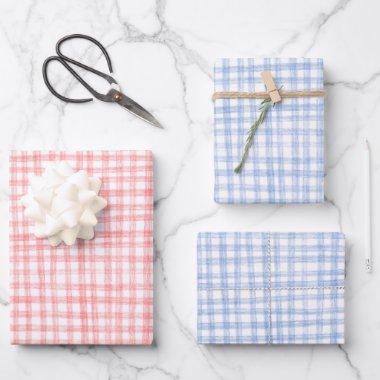 Gingham Hand-Drawn Modern Cute Blue Red Picnic Wrapping Paper Sheets