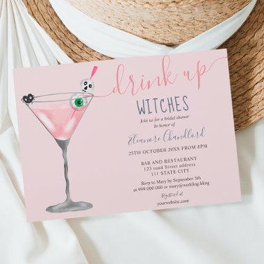 Girl pink cocktail witches Halloween bridal shower Invitations