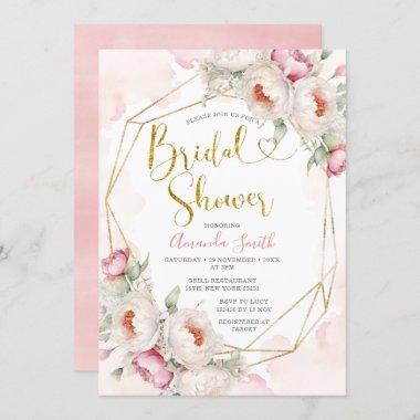 Girl Pink Flowers Bridal Shower Greenery Invitations