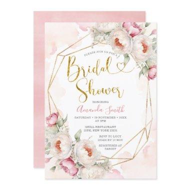 Girl Pink Flowers Bridal Shower Greenery Invitations