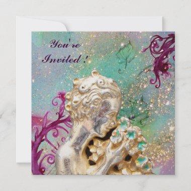 GIRL WITH FLOWERS IN GOLD SPARKLES ,Blue Sapphire Invitations