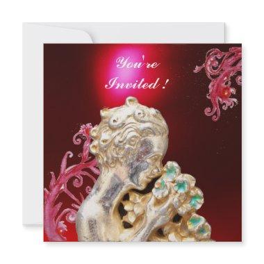 GIRL WITH FLOWERS ,Red Burgundy Ruby Invitations