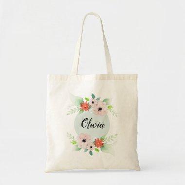 Girls Cute Floral Watercolor Flowers and Name Tote Bag