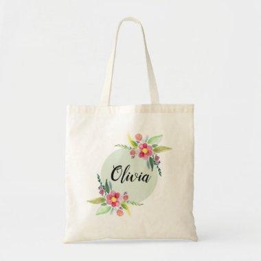 Girls Cute Spring Botanical Flowers and Name Tote Bag