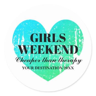 Girls weekend away trip turquoise blue heart classic round sticker