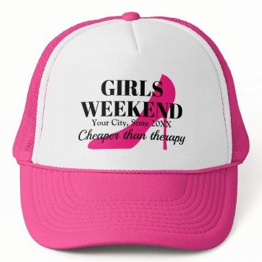 Girls weekend pink stiletto bachelorette party trucker hat