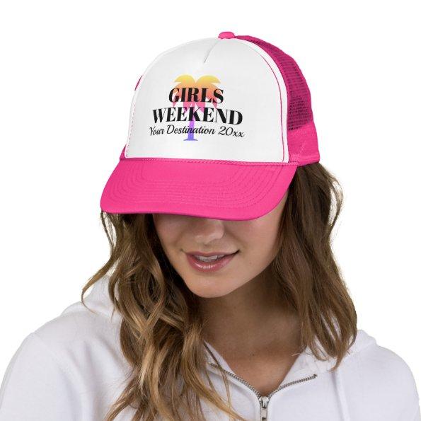 Girls weekend pink tropical palm tree beach travel trucker hat