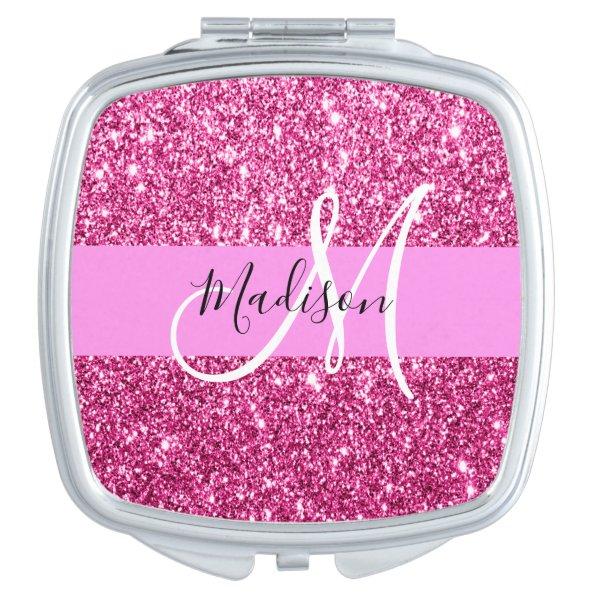 Girly and Glam Hot Pink Glitter Sparkles Monogram Compact Mirror