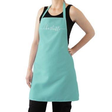 Girly aqua blue custom script name elegant chic apron
