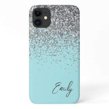 Girly Aqua Blue Silver Glitter Monogram iPhone 11 Case