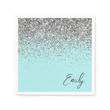 Girly Aqua Blue Teal Silver Glitter Monogram Napkins