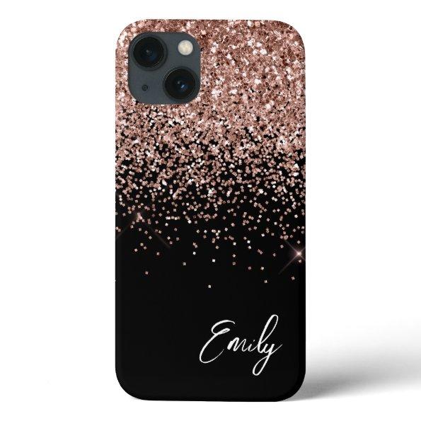Girly Black Blush Pink Rose Gold Glitter Monogram iPhone 13 Case