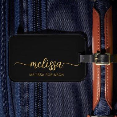 Girly Black Gold Monogram Name Signature Script Luggage Tag