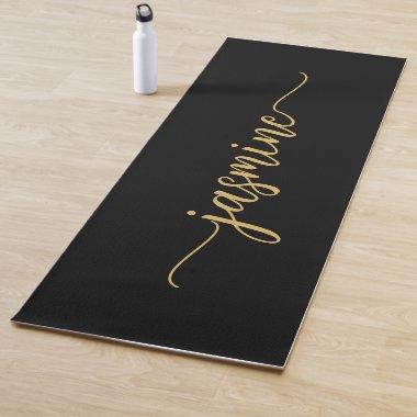 Girly Black Gold Personalized Monogram Script Yoga Mat
