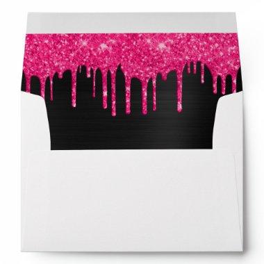 Girly Black Hot Pink Glitter Drips Return Address Envelope