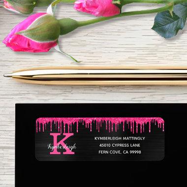 Girly Black Hot Pink Glitter Drips Return Address Label