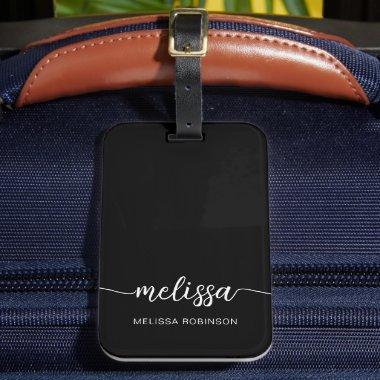 Girly Black Monogram Name Signature Script Luggage Tag