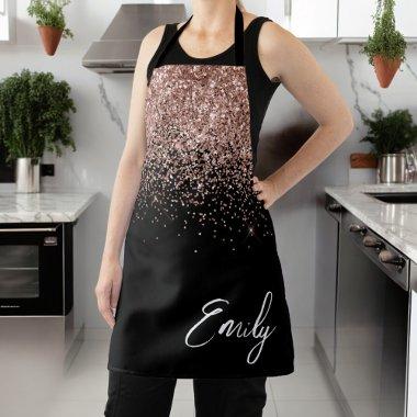 Girly Black Rose Gold Blush Pink Glitter Monogram Apron