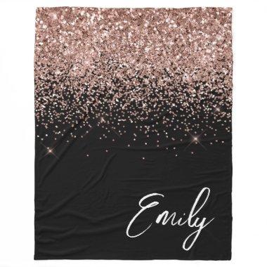 Girly Black Rose Gold Blush Pink Glitter Monogram Fleece Blanket