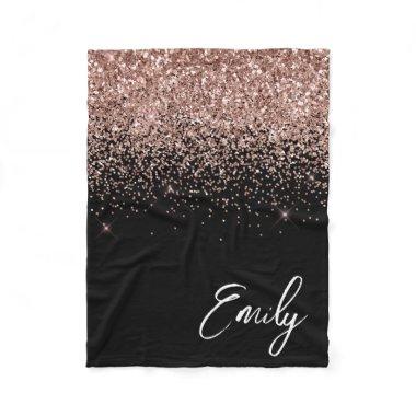 Girly Black Rose Gold Blush Pink Glitter Monogram Fleece Blanket