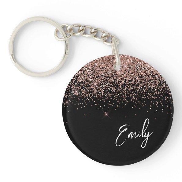 Girly Black Rose Gold Blush Pink Glitter Monogram Keychain