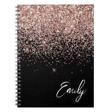 Girly Black Rose Gold Blush Pink Glitter Monogram Notebook