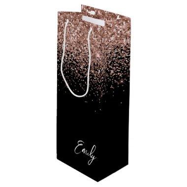 Girly Black Rose Gold Blush Pink Glitter Monogram Wine Gift Bag