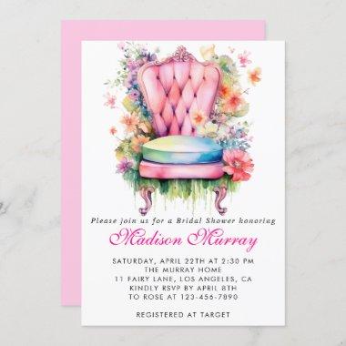 Girly Blush Pink Floral Flower Chair Bridal Shower Invitations